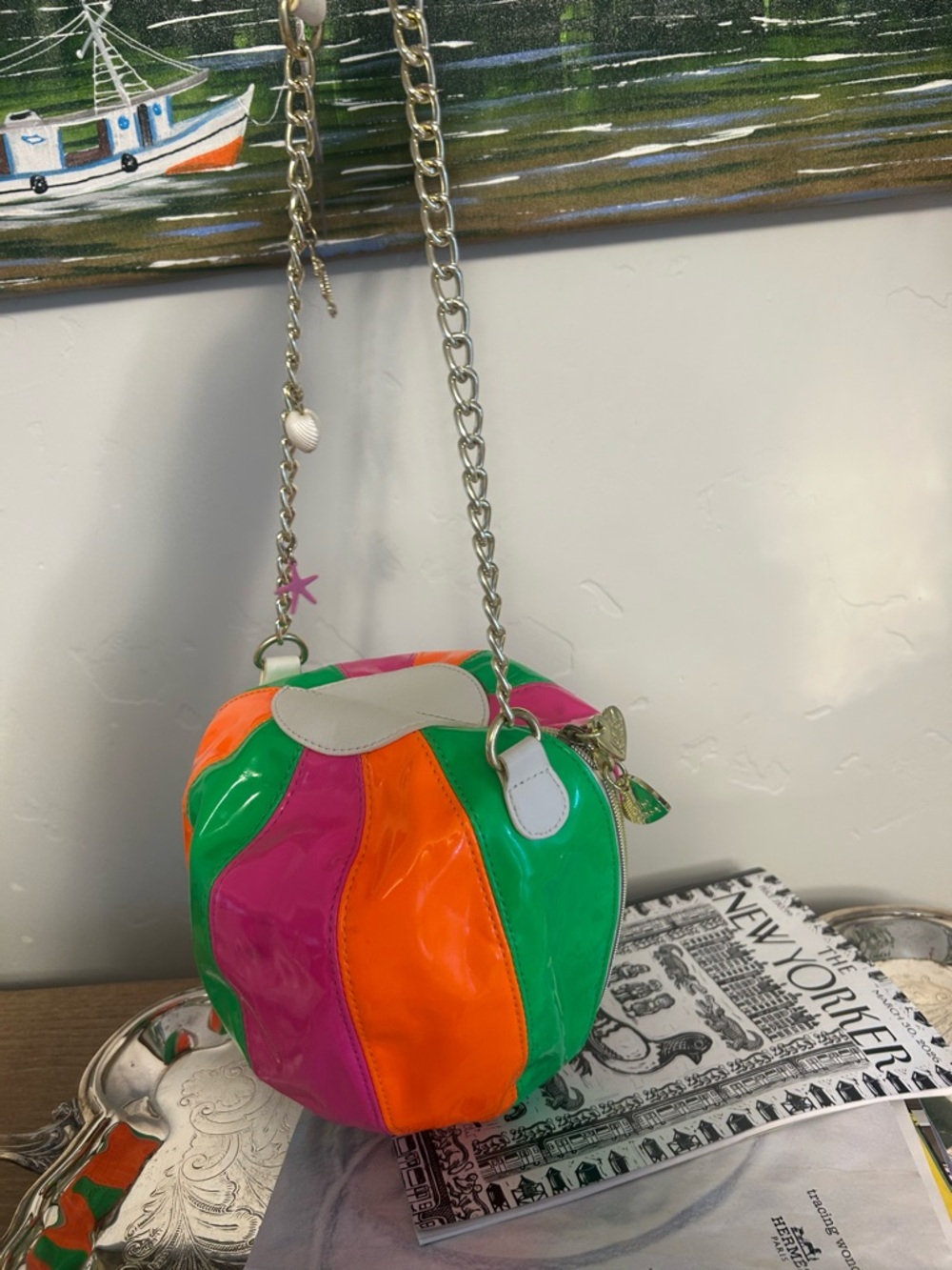 Betsey Johnson Novelty Beach ball purse in pink orange and green. - Picture 4 of 9